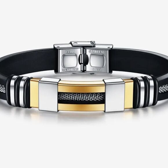 💎OS4💎 Gorgeous Black Silicone Stainless Steel Mens Unisex Bracelet - Picture 8 of 16